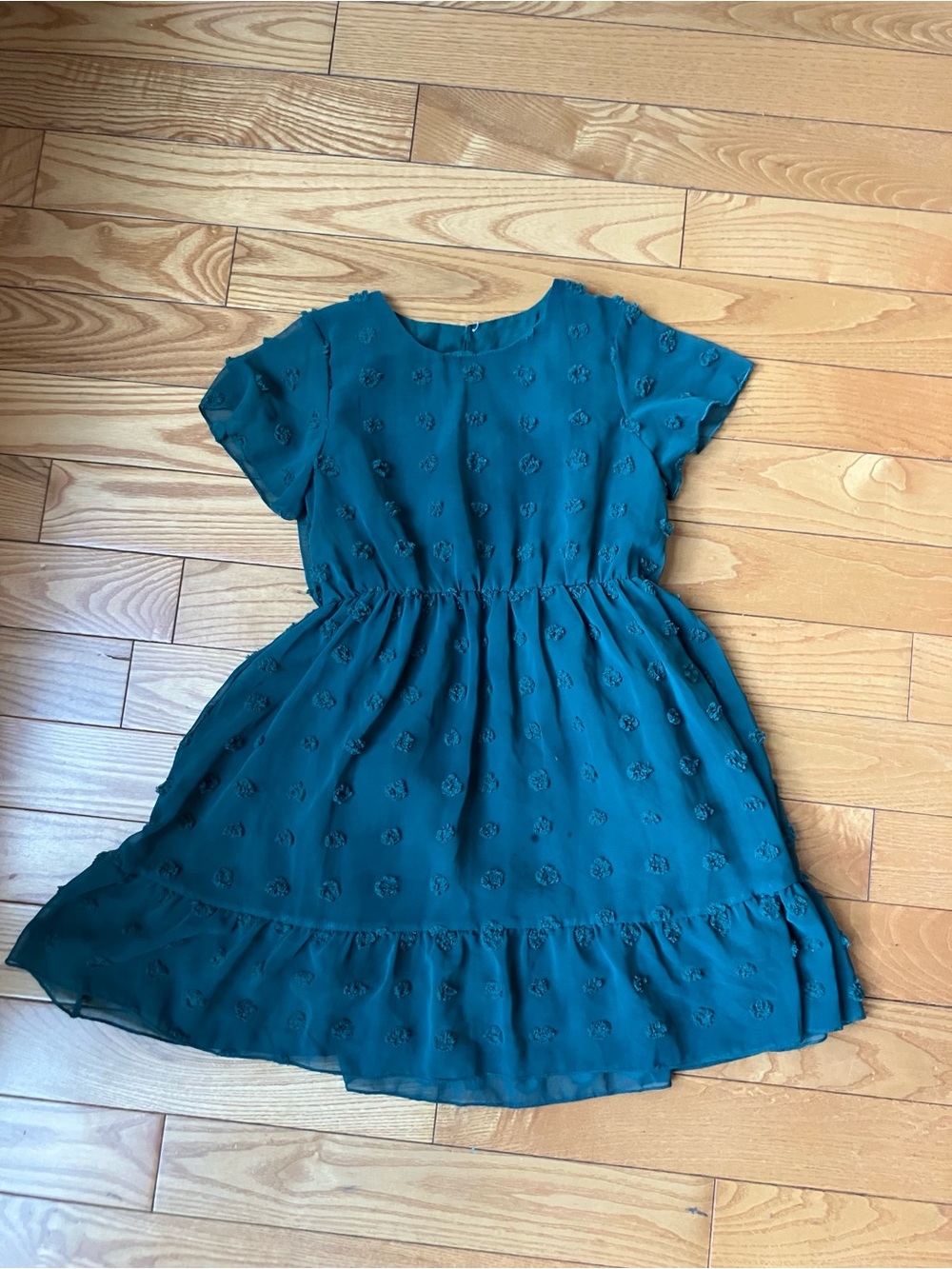 Girls 8-9 Deep Blue-Green chiffon dress with puffy dots